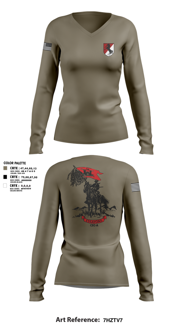 Womens Long Sleeve Vneck Shirt, 58th CEC-A, Army, Teamtime, Team time, sublimation, custom sports apparel, team uniforms, spirit wear, spiritwear, sports uniforms, custom shirts, team store, custom team store, fundraiser sports, apparel fundraiser
