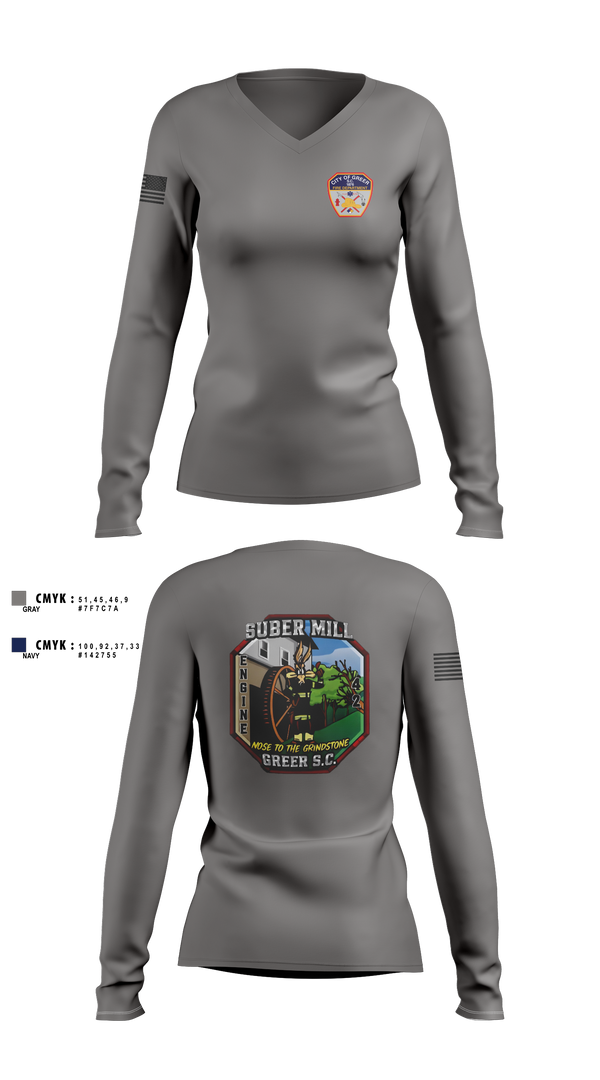 Womens Long Sleeve Vneck Shirt, City Of Greer FD, Fire Department, Teamtime, Team time, sublimation, custom sports apparel, team uniforms, spirit wear, spiritwear, sports uniforms, custom shirts, team store, custom team store, fundraiser sports, apparel fundraiser