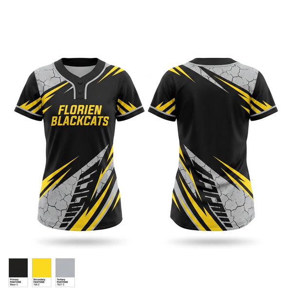 Two Button Softball Jersey, Florien Blackcats, Softball, Teamtime, Team time, sublimation, custom sports apparel, team uniforms, spirit wear, spiritwear, sports uniforms, custom shirts, team store, custom team store, fundraiser sports, apparel fundraiser