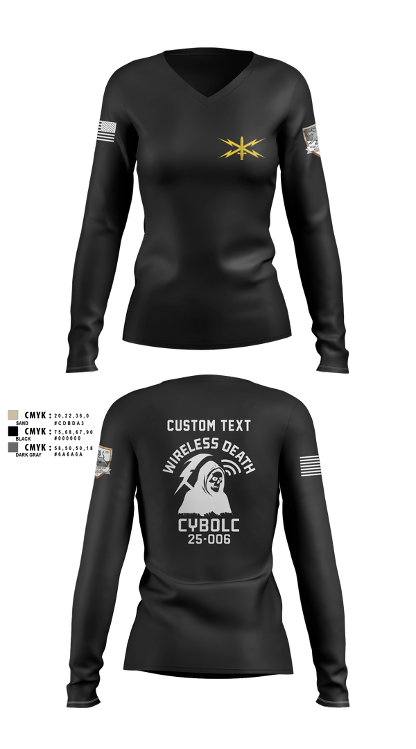 Womens Long Sleeve Vneck Shirt, Bravo Company, 401st Cyber Battalion, Army, Teamtime, Team time, sublimation, custom sports apparel, team uniforms, spirit wear, spiritwear, sports uniforms, custom shirts, team store, custom team store, fundraiser sports, apparel fundraiser