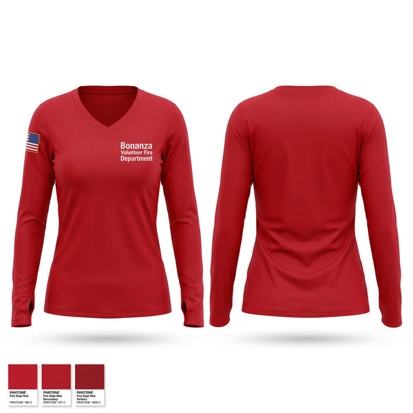 Womens Long Sleeve Vneck Shirt, Bonanza Volunteer Fire Department, Fire Department, Teamtime, Team time, sublimation, custom sports apparel, team uniforms, spirit wear, spiritwear, sports uniforms, custom shirts, team store, custom team store, fundraiser sports, apparel fundraiser