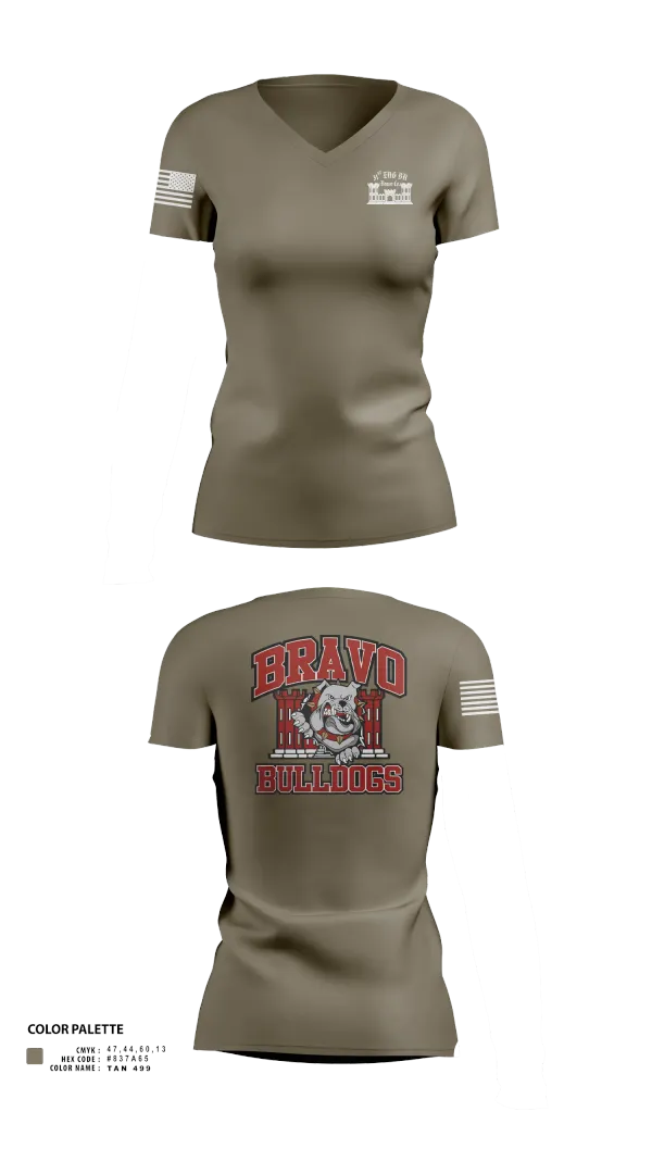Womens Short Sleeve Vneck Shirt, Bravo Company “Bulldogs” 31st Engineer Battalion, , Teamtime, Team time, sublimation, custom sports apparel, team uniforms, spirit wear, spiritwear, sports uniforms, custom shirts, team store, custom team store, fundraiser sports, apparel fundraiser