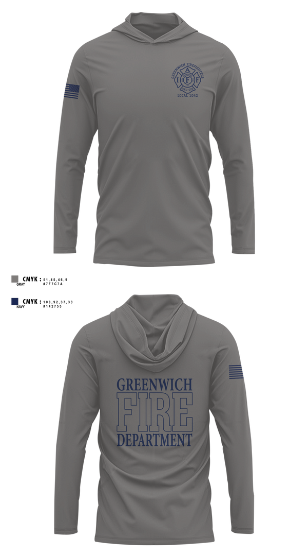 Long Sleeve Performance Shirt with hood, Greenwich Fire Local 1042, Fire Department, Teamtime, Team time, sublimation, custom sports apparel, team uniforms, spirit wear, spiritwear, sports uniforms, custom shirts, team store, custom team store, fundraiser sports, apparel fundraiser