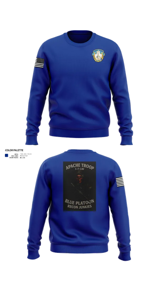 Crew Neck Sweatshirt, 1-7 Cavlary Division Apache Troop Blue Platoon Recon Junkies, Army, Teamtime, Team time, sublimation, custom sports apparel, team uniforms, spirit wear, spiritwear, sports uniforms, custom shirts, team store, custom team store, fundraiser sports, apparel fundraiser