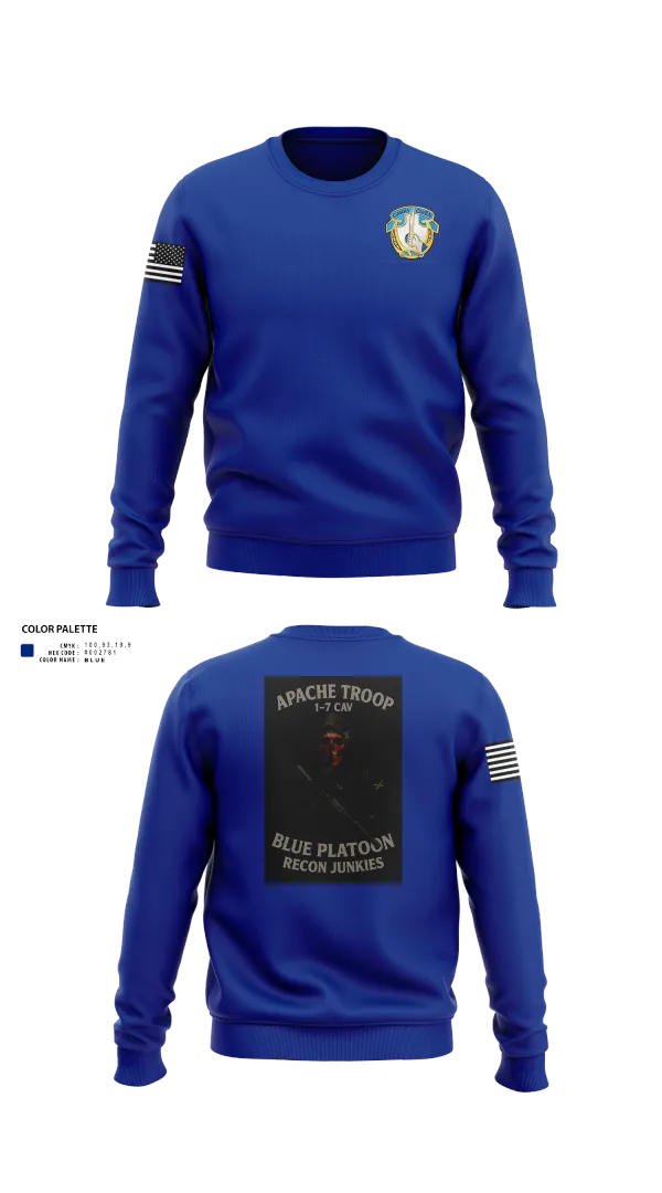 Crew Neck Sweatshirt, 1-7 Cavlary Division Apache Troop Blue Platoon Recon Junkies, Army, Teamtime, Team time, sublimation, custom sports apparel, team uniforms, spirit wear, spiritwear, sports uniforms, custom shirts, team store, custom team store, fundraiser sports, apparel fundraiser