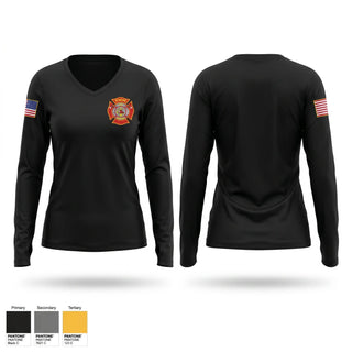 Womens Long Sleeve Vneck Shirt, Atmore Fire Department, Fire Department, Teamtime, Team time, sublimation, custom sports apparel, team uniforms, spirit wear, spiritwear, sports uniforms, custom shirts, team store, custom team store, fundraiser sports, apparel fundraiser