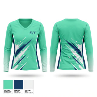 Womens Long Sleeve Vneck Shirt, JCFF, Spirit Store, Teamtime, Team time, sublimation, custom sports apparel, team uniforms, spirit wear, spiritwear, sports uniforms, custom shirts, team store, custom team store, fundraiser sports, apparel fundraiser