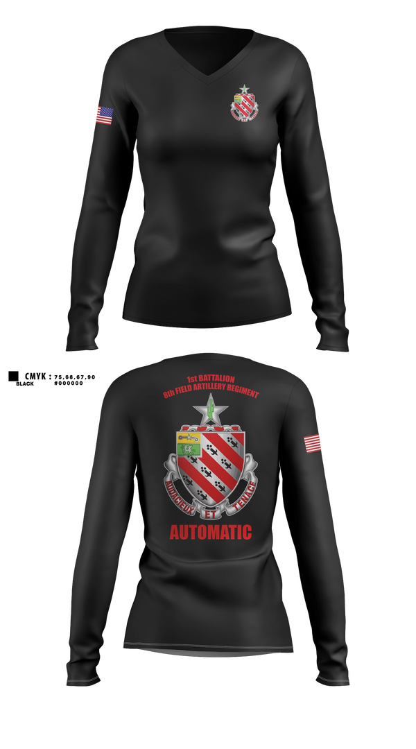 Womens Long Sleeve Vneck Shirt, 1/8 Field Artillery Regiment, Army, Teamtime, Team time, sublimation, custom sports apparel, team uniforms, spirit wear, spiritwear, sports uniforms, custom shirts, team store, custom team store, fundraiser sports, apparel fundraiser