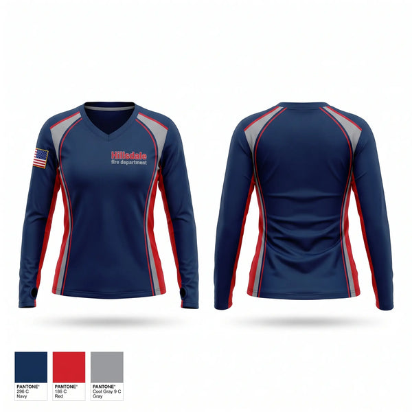 Womens Long Sleeve Vneck Shirt, Hillsdale fire department, Fire Department, Teamtime, Team time, sublimation, custom sports apparel, team uniforms, spirit wear, spiritwear, sports uniforms, custom shirts, team store, custom team store, fundraiser sports, apparel fundraiser