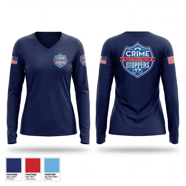 Womens Long Sleeve Vneck Shirt, CrimeStoppers Honolulu, Police, Teamtime, Team time, sublimation, custom sports apparel, team uniforms, spirit wear, spiritwear, sports uniforms, custom shirts, team store, custom team store, fundraiser sports, apparel fundraiser