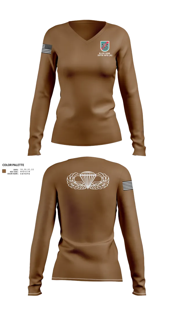 Womens Long Sleeve Vneck Shirt, B.CO GSB 20th SFG(A), , Teamtime, Team time, sublimation, custom sports apparel, team uniforms, spirit wear, spiritwear, sports uniforms, custom shirts, team store, custom team store, fundraiser sports, apparel fundraiser