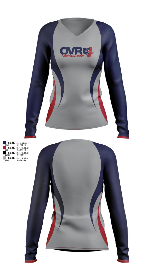 Womens Long Sleeve Vneck Shirt, Ohio Valley Region Volleyball, Women's Volleyball, Teamtime, Team time, sublimation, custom sports apparel, team uniforms, spirit wear, spiritwear, sports uniforms, custom shirts, team store, custom team store, fundraiser sports, apparel fundraiser
