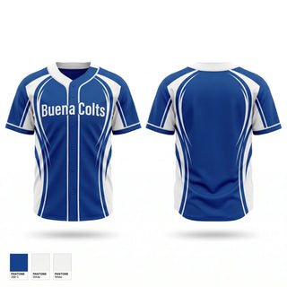 Full Button Baseball Jersey, Buena Colts, Baseball, Teamtime, Team time, sublimation, custom sports apparel, team uniforms, spirit wear, spiritwear, sports uniforms, custom shirts, team store, custom team store, fundraiser sports, apparel fundraiser
