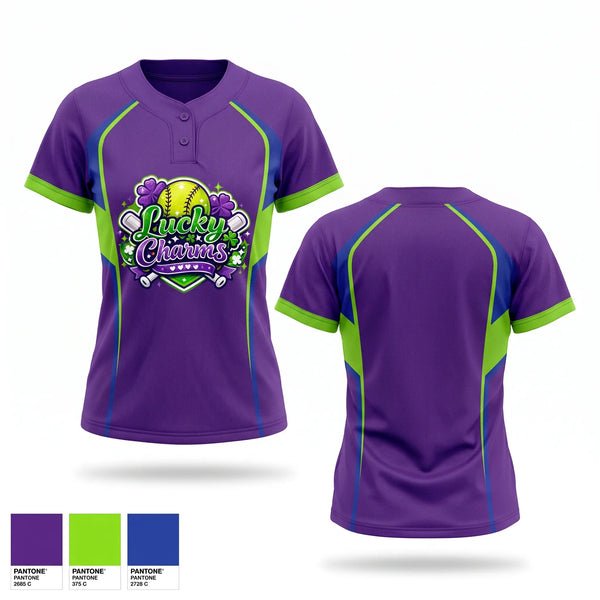 Two Button Softball Jersey, Lucky Charms, Softball, Teamtime, Team time, sublimation, custom sports apparel, team uniforms, spirit wear, spiritwear, sports uniforms, custom shirts, team store, custom team store, fundraiser sports, apparel fundraiser