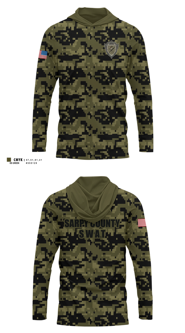 Long Sleeve Performance Shirt with hood, Sarpy County SWAT, Police, Teamtime, Team time, sublimation, custom sports apparel, team uniforms, spirit wear, spiritwear, sports uniforms, custom shirts, team store, custom team store, fundraiser sports, apparel fundraiser