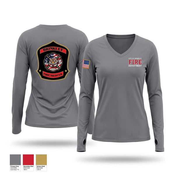 Womens Long Sleeve Vneck Shirt, City of Brinkley fire department, Fire Department, Teamtime, Team time, sublimation, custom sports apparel, team uniforms, spirit wear, spiritwear, sports uniforms, custom shirts, team store, custom team store, fundraiser sports, apparel fundraiser