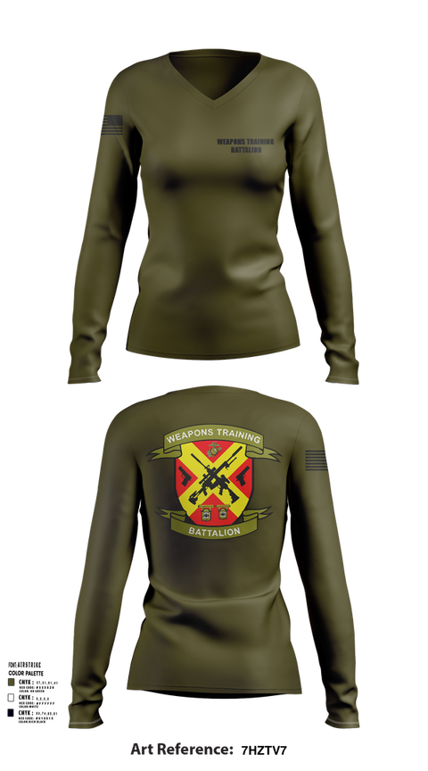 Womens Long Sleeve Vneck Shirt, Weapons Training Battalion, Marines, Teamtime, Team time, sublimation, custom sports apparel, team uniforms, spirit wear, spiritwear, sports uniforms, custom shirts, team store, custom team store, fundraiser sports, apparel fundraiser