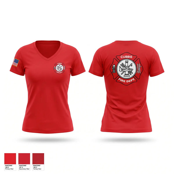 Womens Short Sleeve Vneck Shirt, Currie Fire Drpartment, Fire Department, Teamtime, Team time, sublimation, custom sports apparel, team uniforms, spirit wear, spiritwear, sports uniforms, custom shirts, team store, custom team store, fundraiser sports, apparel fundraiser