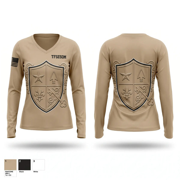 Womens Long Sleeve Vneck Shirt, TFSE-SOM, Army, Teamtime, Team time, sublimation, custom sports apparel, team uniforms, spirit wear, spiritwear, sports uniforms, custom shirts, team store, custom team store, fundraiser sports, apparel fundraiser