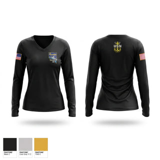 Womens Long Sleeve Vneck Shirt, USS NEVADA Chief’s Mess, Navy, Teamtime, Team time, sublimation, custom sports apparel, team uniforms, spirit wear, spiritwear, sports uniforms, custom shirts, team store, custom team store, fundraiser sports, apparel fundraiser