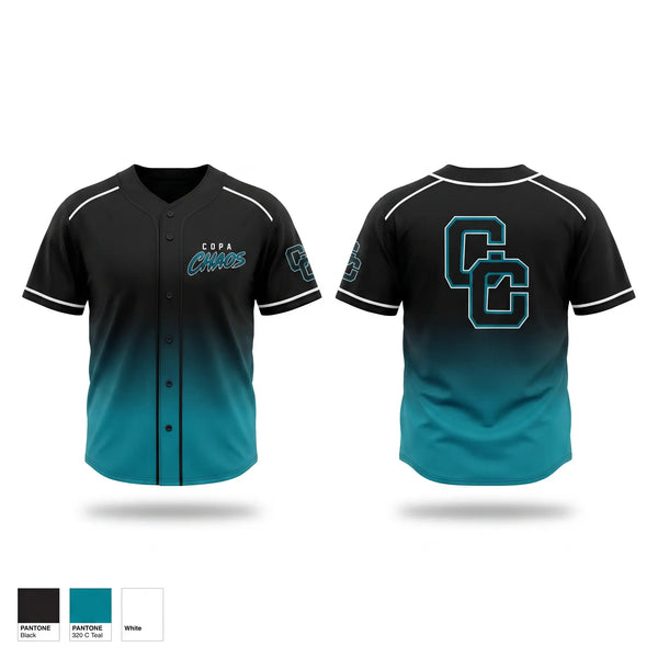 Full Button Baseball Jersey, Copa Chaos, Baseball, Teamtime, Team time, sublimation, custom sports apparel, team uniforms, spirit wear, spiritwear, sports uniforms, custom shirts, team store, custom team store, fundraiser sports, apparel fundraiser