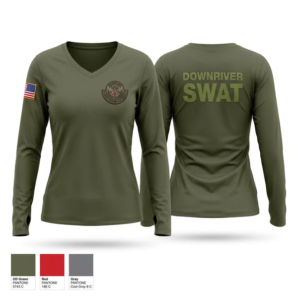 Womens Long Sleeve Vneck Shirt, DOWNRIVER SWAT, Police, Teamtime, Team time, sublimation, custom sports apparel, team uniforms, spirit wear, spiritwear, sports uniforms, custom shirts, team store, custom team store, fundraiser sports, apparel fundraiser