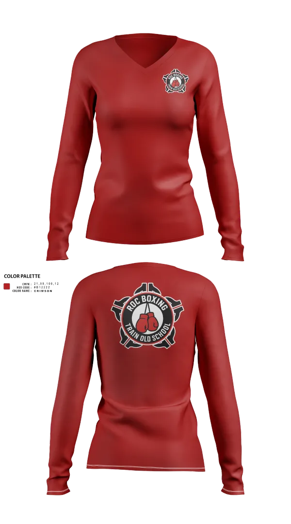 Womens Long Sleeve Vneck Shirt, ROC Boxing, Wrestling, Teamtime, Team time, sublimation, custom sports apparel, team uniforms, spirit wear, spiritwear, sports uniforms, custom shirts, team store, custom team store, fundraiser sports, apparel fundraiser