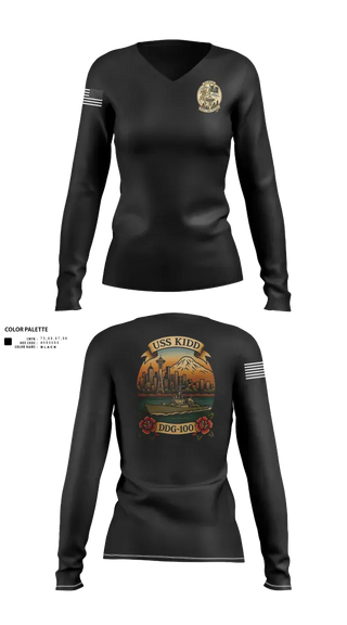 Womens Long Sleeve Vneck Shirt, USS Kidd, Navy, Teamtime, Team time, sublimation, custom sports apparel, team uniforms, spirit wear, spiritwear, sports uniforms, custom shirts, team store, custom team store, fundraiser sports, apparel fundraiser