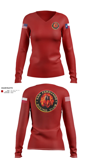 Womens Long Sleeve Vneck Shirt, San Fernando Boxing Club, Spirit Store, Teamtime, Team time, sublimation, custom sports apparel, team uniforms, spirit wear, spiritwear, sports uniforms, custom shirts, team store, custom team store, fundraiser sports, apparel fundraiser