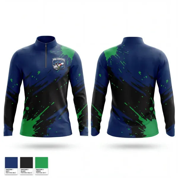 Quarter Zip Jacket, Pin vipers, Bowling, Teamtime, Team time, sublimation, custom sports apparel, team uniforms, spirit wear, spiritwear, sports uniforms, custom shirts, team store, custom team store, fundraiser sports, apparel fundraiser
