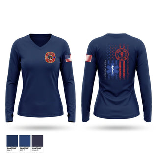 Womens Long Sleeve Vneck Shirt, Farmersville fire/ EMS, Fire Department, Teamtime, Team time, sublimation, custom sports apparel, team uniforms, spirit wear, spiritwear, sports uniforms, custom shirts, team store, custom team store, fundraiser sports, apparel fundraiser