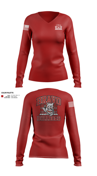 Womens Long Sleeve Vneck Shirt, Bravo Company “Bulldogs” 31st Engineer Battalion, , Teamtime, Team time, sublimation, custom sports apparel, team uniforms, spirit wear, spiritwear, sports uniforms, custom shirts, team store, custom team store, fundraiser sports, apparel fundraiser