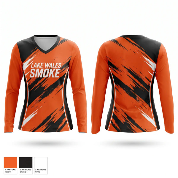 Womens Long Sleeve Vneck Shirt, Lake Wales Smoke, Baseball, Teamtime, Team time, sublimation, custom sports apparel, team uniforms, spirit wear, spiritwear, sports uniforms, custom shirts, team store, custom team store, fundraiser sports, apparel fundraiser