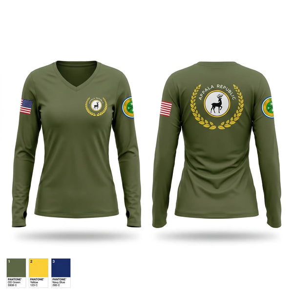Womens Long Sleeve Vneck Shirt, Appala Republic, Army, Teamtime, Team time, sublimation, custom sports apparel, team uniforms, spirit wear, spiritwear, sports uniforms, custom shirts, team store, custom team store, fundraiser sports, apparel fundraiser