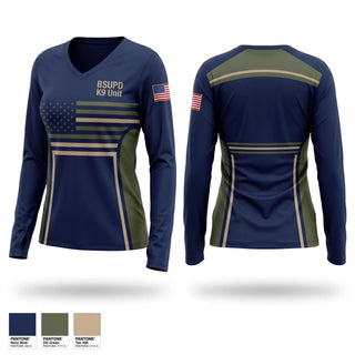 Womens Long Sleeve Vneck Shirt, BSUPD K9 Unit, Police, Teamtime, Team time, sublimation, custom sports apparel, team uniforms, spirit wear, spiritwear, sports uniforms, custom shirts, team store, custom team store, fundraiser sports, apparel fundraiser