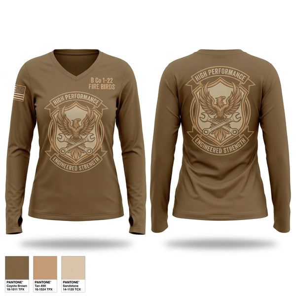 Womens Long Sleeve Vneck Shirt, B Co 122 Fire Birds, Army, Teamtime, Team time, sublimation, custom sports apparel, team uniforms, spirit wear, spiritwear, sports uniforms, custom shirts, team store, custom team store, fundraiser sports, apparel fundraiser