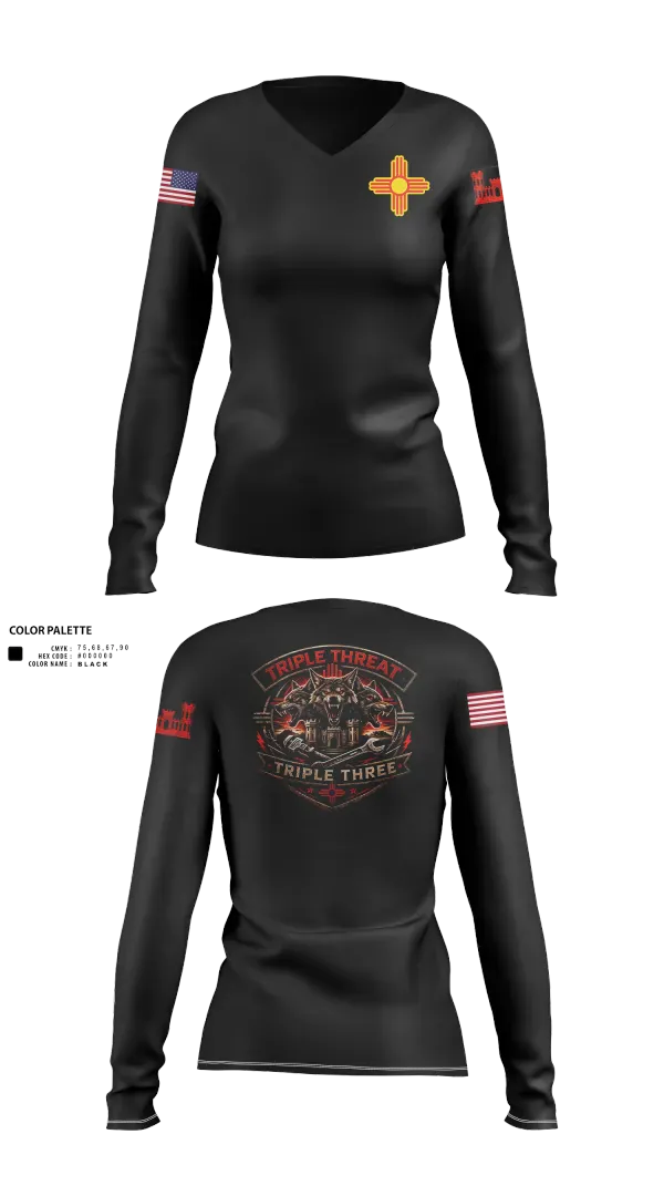 Womens Long Sleeve Vneck Shirt, 333rd Triple Threat 2, Army, Teamtime, Team time, sublimation, custom sports apparel, team uniforms, spirit wear, spiritwear, sports uniforms, custom shirts, team store, custom team store, fundraiser sports, apparel fundraiser