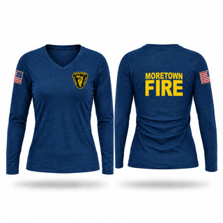 Womens Long Sleeve Vneck Shirt, Moretown fire, Fire Department, Teamtime, Team time, sublimation, custom sports apparel, team uniforms, spirit wear, spiritwear, sports uniforms, custom shirts, team store, custom team store, fundraiser sports, apparel fundraiser