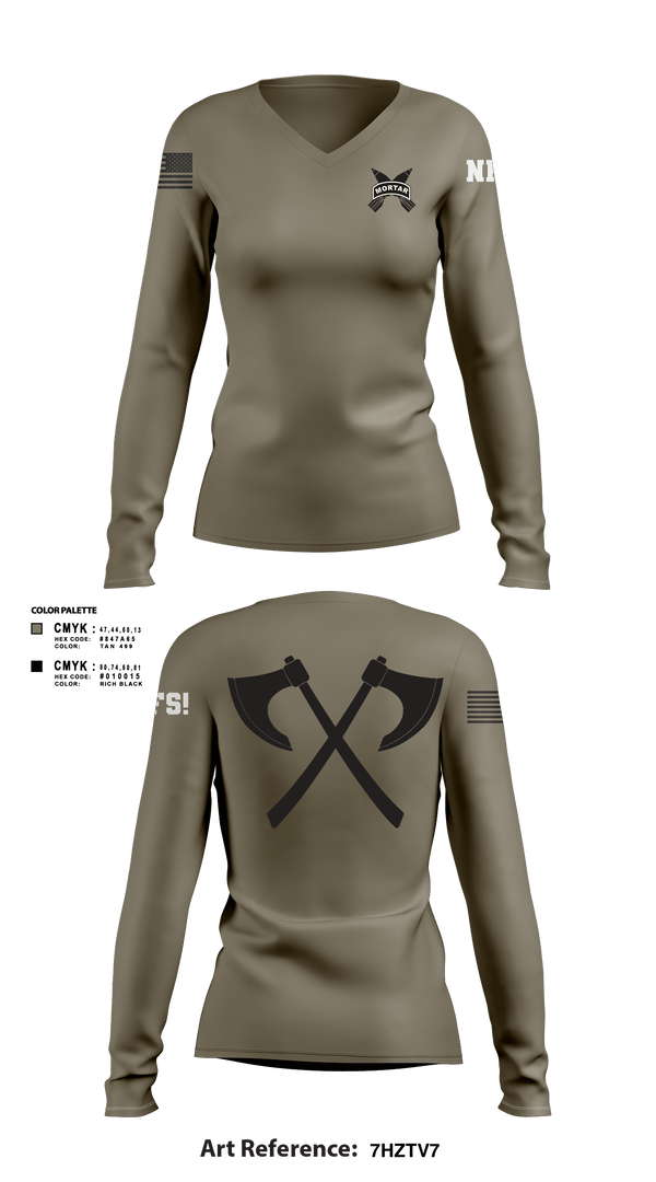 Women's Long Sleeve Vneck Shirt, Mortars, Army, Teamtime, Team time, sublimation, custom sports apparel, team uniforms, spirit wear, spiritwear, sports uniforms, custom shirts, team store, custom team store, fundraiser sports, apparel fundraiser