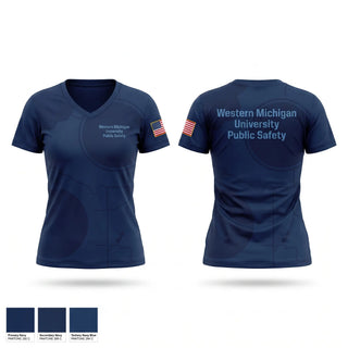 Womens Short Sleeve Vneck Shirt, Western Michigan University Public Safety, Police, Teamtime, Team time, sublimation, custom sports apparel, team uniforms, spirit wear, spiritwear, sports uniforms, custom shirts, team store, custom team store, fundraiser sports, apparel fundraiser