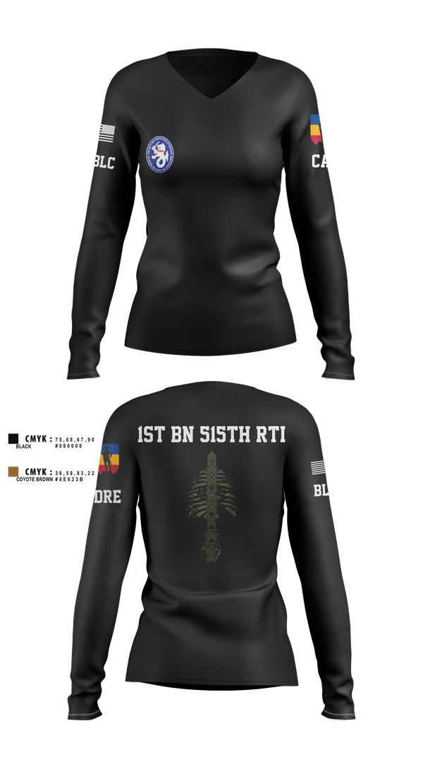 Womens Long Sleeve Vneck Shirt, 1st BN 515th RTI, Army, Teamtime, Team time, sublimation, custom sports apparel, team uniforms, spirit wear, spiritwear, sports uniforms, custom shirts, team store, custom team store, fundraiser sports, apparel fundraiser