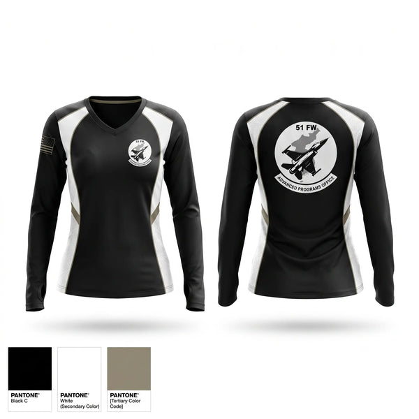 Womens Long Sleeve Vneck Shirt, 51st Fighter Wing Advanced Programs Office, Air Force, Teamtime, Team time, sublimation, custom sports apparel, team uniforms, spirit wear, spiritwear, sports uniforms, custom shirts, team store, custom team store, fundraiser sports, apparel fundraiser