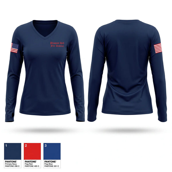 Womens Long Sleeve Vneck Shirt, Pleasant Hill Fire District, Fire Department, Teamtime, Team time, sublimation, custom sports apparel, team uniforms, spirit wear, spiritwear, sports uniforms, custom shirts, team store, custom team store, fundraiser sports, apparel fundraiser