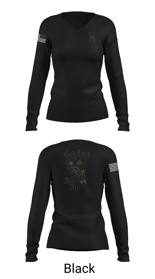 Womens Long Sleeve Vneck Shirt, 4th plt bad luck, Army, Teamtime, Team time, sublimation, custom sports apparel, team uniforms, spirit wear, spiritwear, sports uniforms, custom shirts, team store, custom team store, fundraiser sports, apparel fundraiser