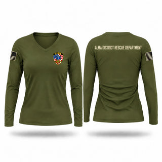 Womens Long Sleeve Vneck Shirt, Alma District Rescure, EMS/EMT, Teamtime, Team time, sublimation, custom sports apparel, team uniforms, spirit wear, spiritwear, sports uniforms, custom shirts, team store, custom team store, fundraiser sports, apparel fundraiser