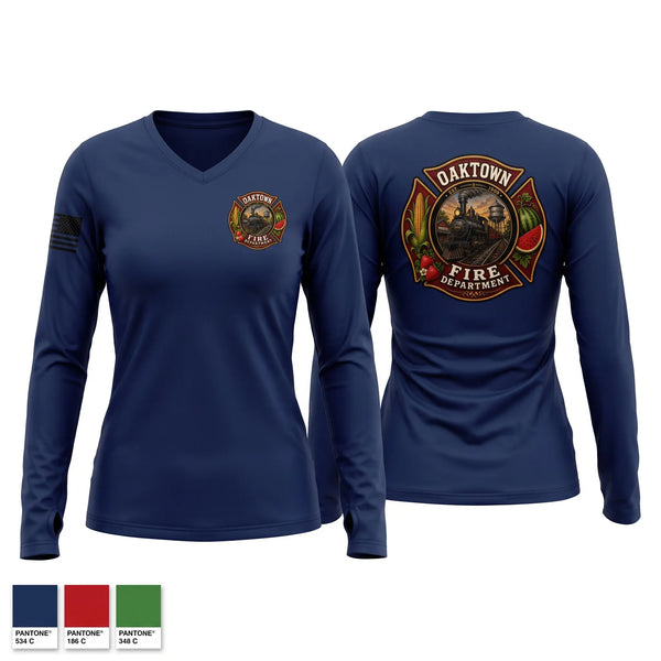 Womens Long Sleeve Vneck Shirt, Oaktown Fire, Fire Department, Teamtime, Team time, sublimation, custom sports apparel, team uniforms, spirit wear, spiritwear, sports uniforms, custom shirts, team store, custom team store, fundraiser sports, apparel fundraiser
