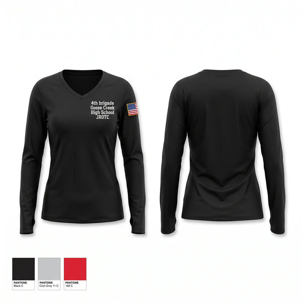 Womens Long Sleeve Vneck Shirt, 4th brigade Goose Creek High School JROTC, Bowling, Teamtime, Team time, sublimation, custom sports apparel, team uniforms, spirit wear, spiritwear, sports uniforms, custom shirts, team store, custom team store, fundraiser sports, apparel fundraiser