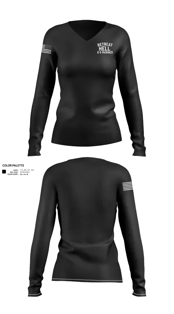 Womens Long Sleeve Vneck Shirt, Retreat Hell 2-5 MarinesRetreat Hell 2-5 Marines, Marines, Teamtime, Team time, sublimation, custom sports apparel, team uniforms, spirit wear, spiritwear, sports uniforms, custom shirts, team store, custom team store, fundraiser sports, apparel fundraiser