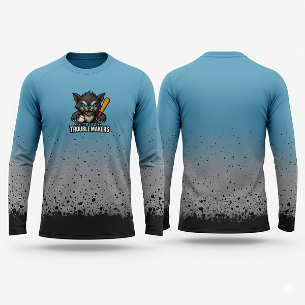 Long Sleeve Performance Shirt, Troublemakers, Baseball, Teamtime, Team time, sublimation, custom sports apparel, team uniforms, spirit wear, spiritwear, sports uniforms, custom shirts, team store, custom team store, fundraiser sports, apparel fundraiser