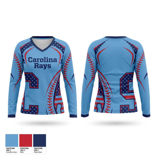Womens Long Sleeve Vneck Shirt, Carolina Rays, Baseball, Teamtime, Team time, sublimation, custom sports apparel, team uniforms, spirit wear, spiritwear, sports uniforms, custom shirts, team store, custom team store, fundraiser sports, apparel fundraiser